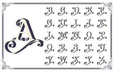 Monogram veya logo ve etiket tasarımı ile güzel telkari, antik çerçeve, süsleme sınır, vektör çizim retro mektup için Vintage dekoratif yazı tipi 