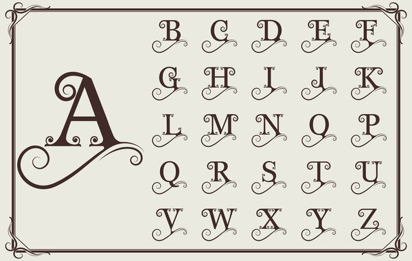 Vintage decorative font for monograms or logo and label design with beautiful filigree, retro letter on ancient frame, ornament border, vector illustration 