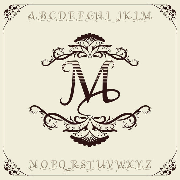 monogram luxury with decorative frame in vintage style and retro border for premium invitation cards or logo product royal, calligraphic elegant elements, ornament vector