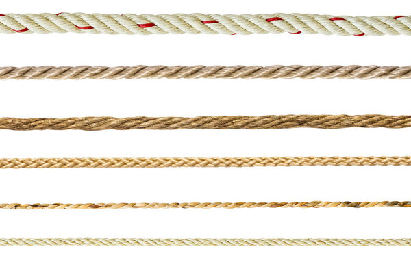 Collection of different ropes isolated on white background. clipping path
