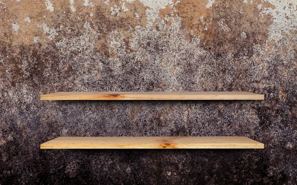 Leere Holzregal Auf Zementwand Hintergrund — Stockfoto