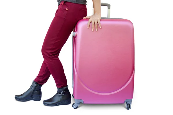 Jambes Femme Avec Une Valise Isolée Sur Fond Blanc — Photo