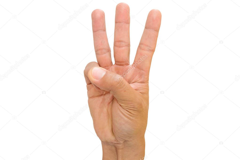 Male hand is showing three fingers isolated on white background