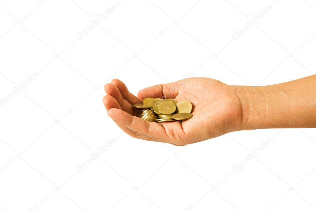 coins in the palm of hands isolated on white background