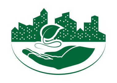 yeşil yaprak logosuna şehir arka plan ile insan eli. Doğa simgesi ve ekoloji kavramı, vektör çizim
