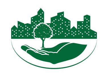 yeşil ağaç logosuna şehir arka plan ile insan eli. Doğa simgesi ve ekoloji kavramı, vektör çizim