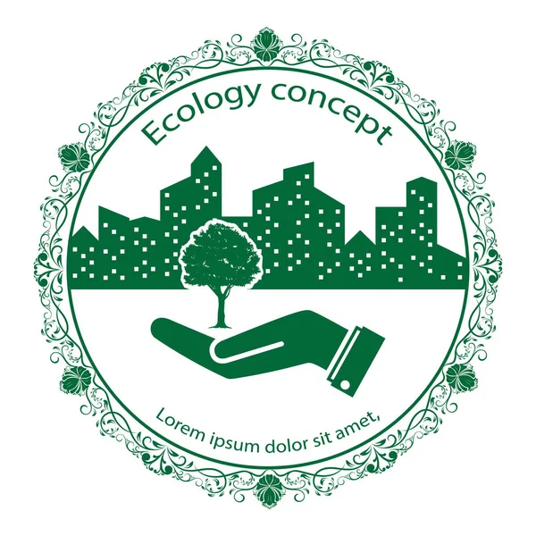 Logotipo Del Árbol Verde Mano Humana Con Fondo Ciudad Icono — Vector de stock