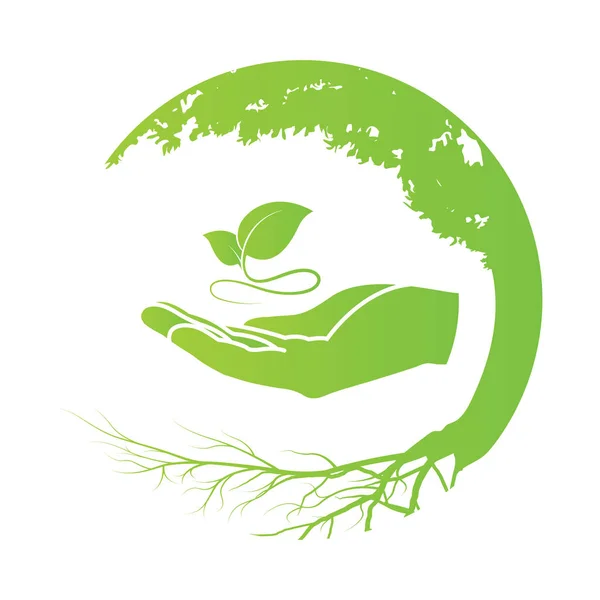 Zielony Liść Logo Ludzką Ręką Pozostawia Ikona Ekologia Koncepcja Ilustracji — Wektor stockowy