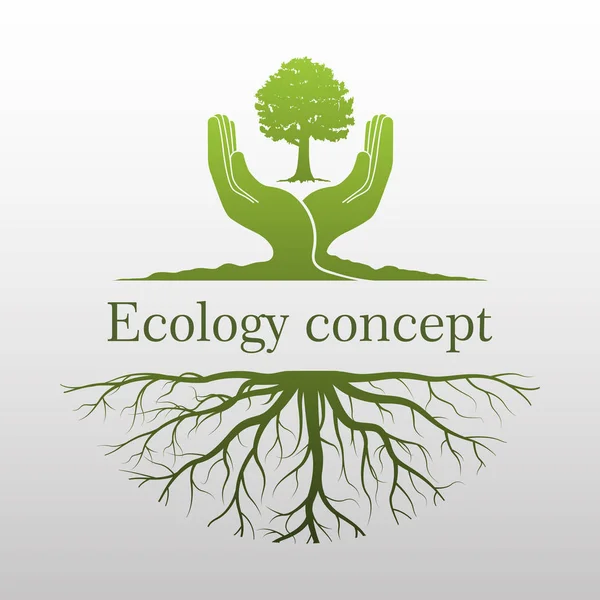 Gröna Träd Logo Mänsklig Hand Med Root Naturen Ikonen Och — Stock vektor