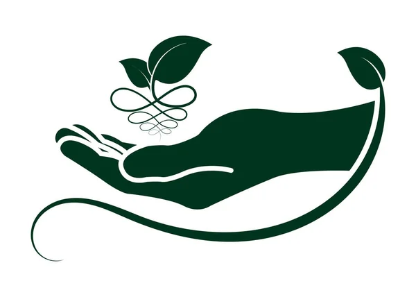 Bladeren Hand Pictogram Ecologische Symbolen Borden Groene Natuur Concept Mensen — Stockvector