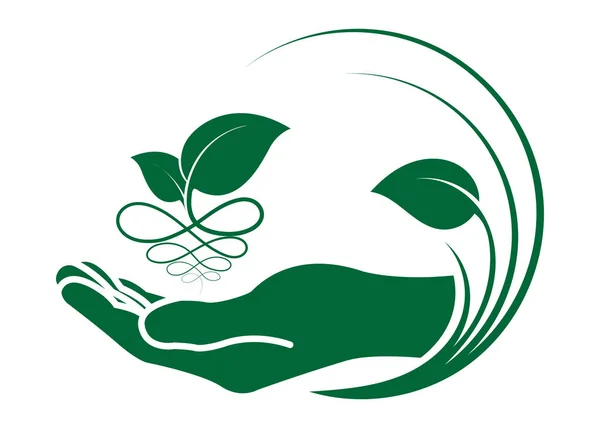 Liści Ręku Ikona Ekologiczne Symbole Znaki Zielone Charakter Koncepcji Ludzi — Wektor stockowy