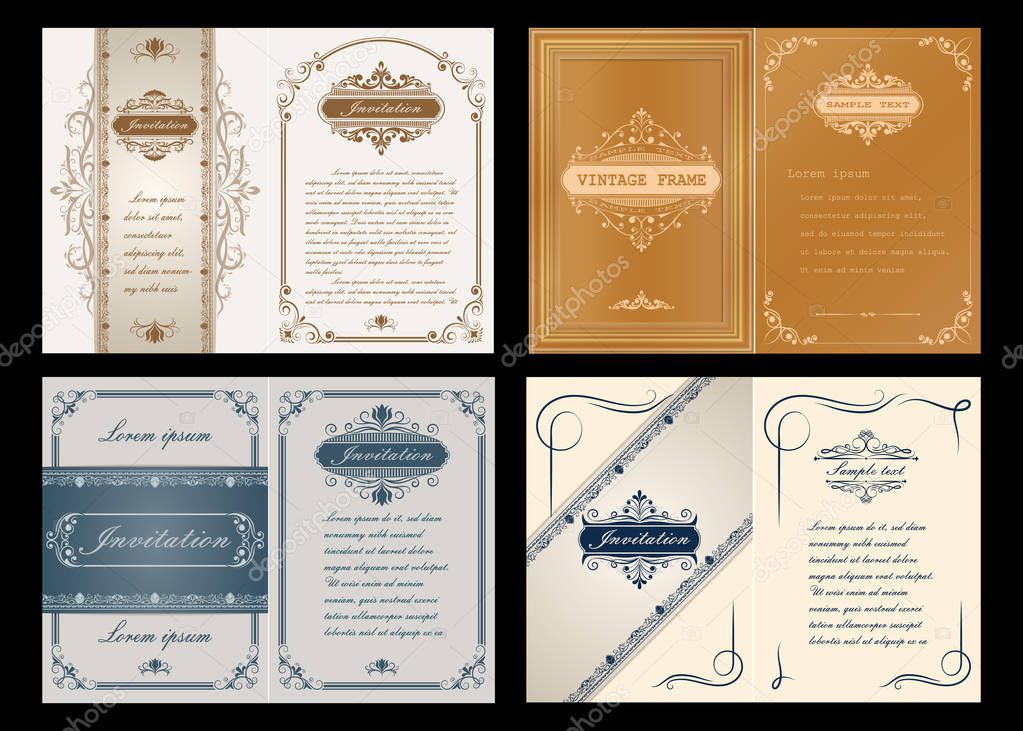 set of decorative frame in vintage style with beautiful filigree and retro border for premium invitation or wedding card on ancient background, luxury postcard, ornament vector
