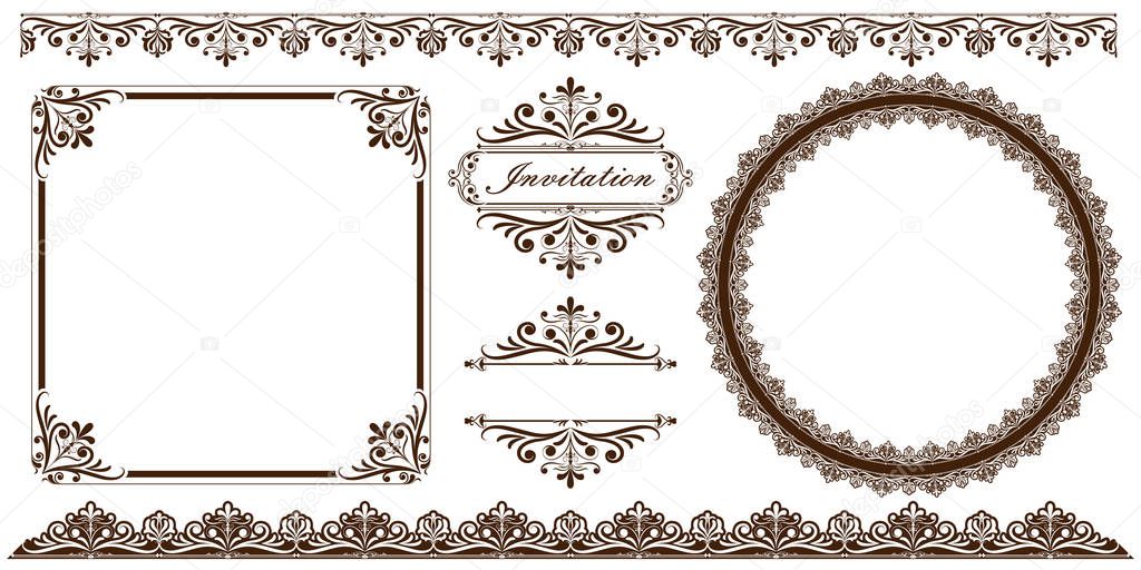 set of decorative frame in vintage style with beautiful filigree and retro border for premium invitation cards or luxury certificate on ancient background, ornament vector