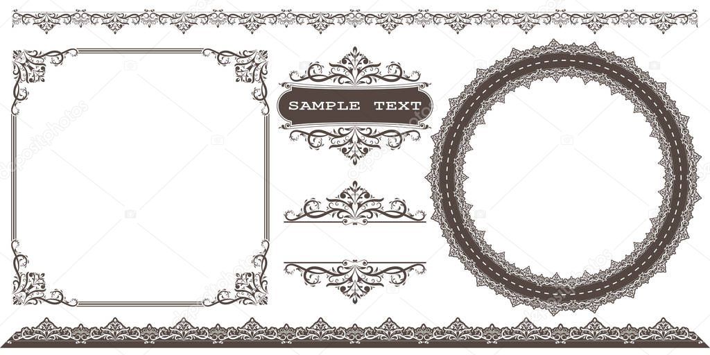 set of decorative frame in vintage style with beautiful filigree and retro border for premium invitation cards or luxury certificate on ancient background, ornament vector