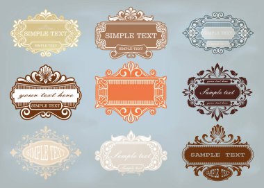 Etiket tasarım şablonu vintage tarzı güzel telkari ve retro kenarlıklı sigorta primi daveti veya lüks kartpostal, dekoratif çerçeve, süsleme vektör kümesi
