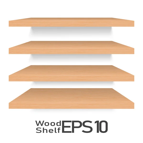 Set Empty Wooden Shelf Isolated White Background Vector Illustration — Stock Vector