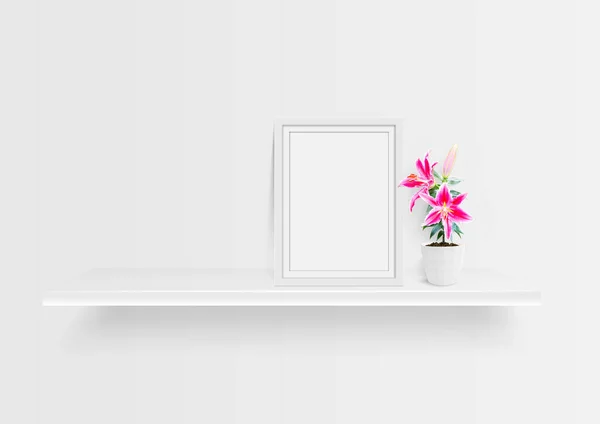 Blank Picture Frame White Shelf Lily Flower Ceramic Vase Isolated — Stock Photo, Image