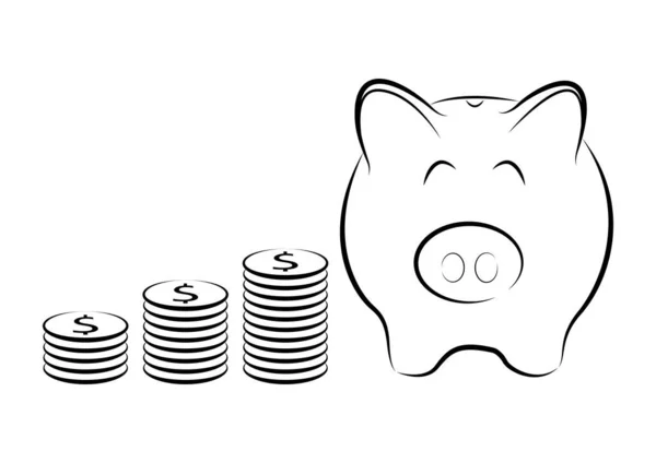 小猪银行和钱币塔隔离在白色上 矢量说明 — 图库矢量图片