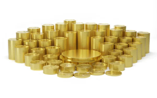 多くの硬貨は白で囲まれた金メダルを積み重ねる お金の概念を保存し 3Dレンダリング — ストック写真