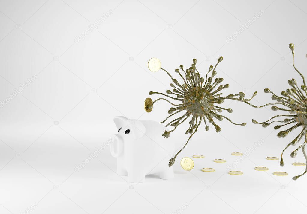 virus is catch piggy bank and steal coin isolated on white background, covid-19, virus and critical of saving money concept, 3d render saving money