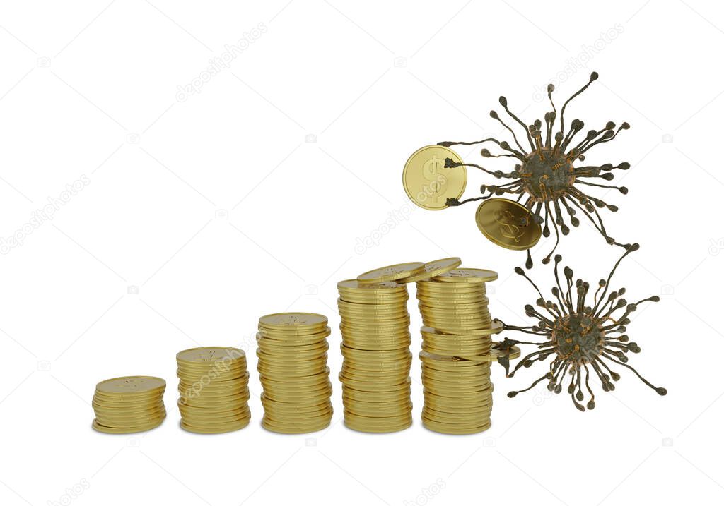 virus is destroying gold coin stack on white background, clipping path.coronavirus, covid-19 concept, 3d render