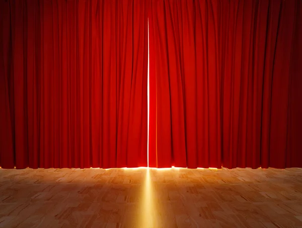 red theater curtain background on wood floor. 3D rendering