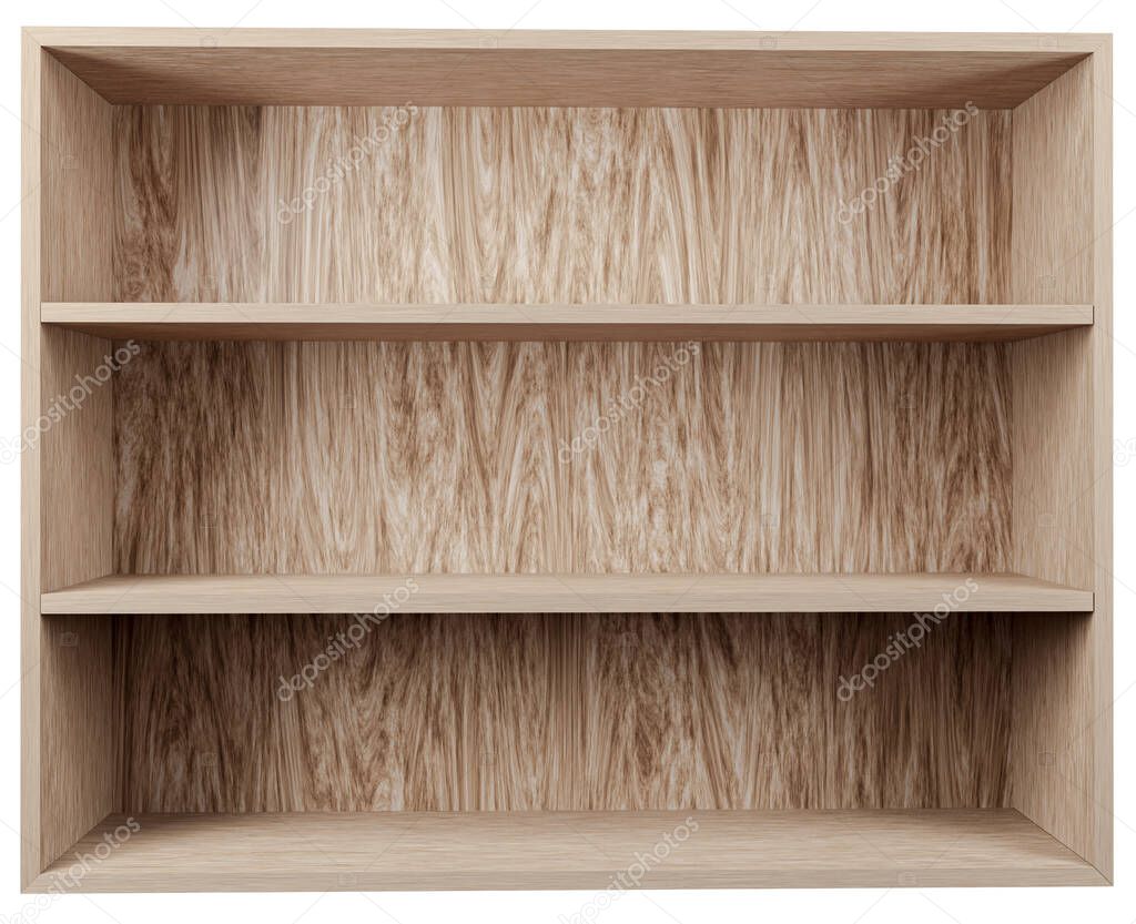 Blank wooden bookshelf isolated on gray,3d render