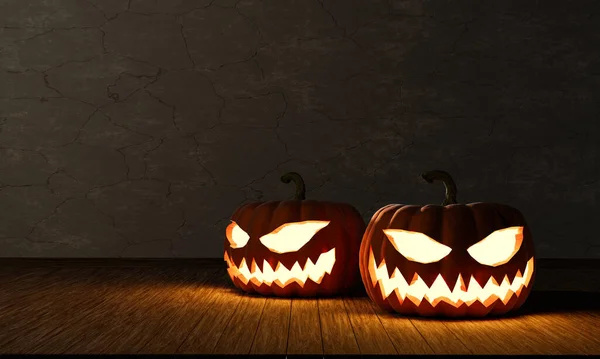 Calabazas Halloween Suelo Madera Pared Cemento Con Grieta Render — Foto de Stock