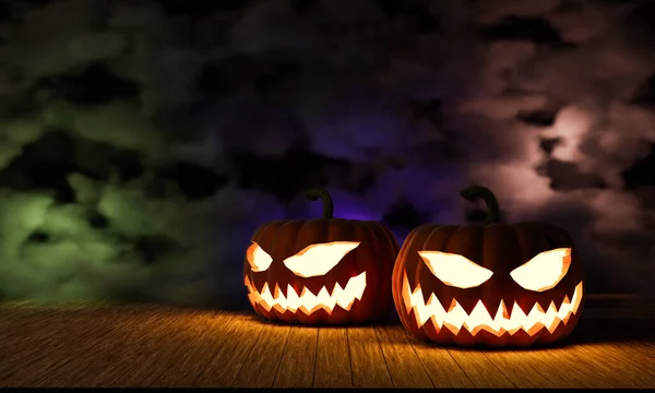 Calabazas Halloween Suelo Madera Fondo Oscuro Con Niebla Render — Foto de Stock