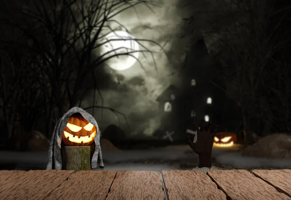 Halloween Pompoenen Oude Houten Plank Met Donker Kasteel Volle Maan — Stockfoto