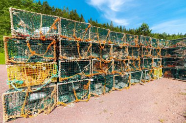 Green wire lobster traps stacked on the ground. Lots of rope on and around the traps. Partially cloudy blue sky above, and trees in the background. Bright sunny day. clipart