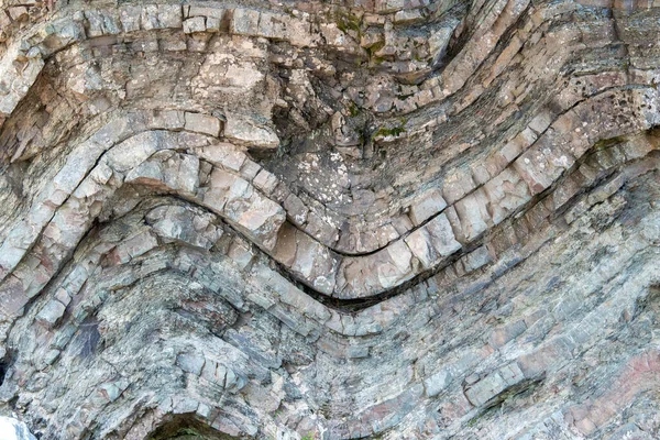 沉积岩中的地质褶皱 褶皱在悬崖上 许多层状沉积岩可见 闭包视图 — 图库照片