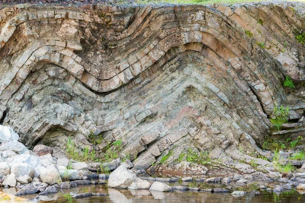 沉积岩中的地质褶皱 折叠成字母 的形状 在河上的悬崖上 许多层状沉积岩可见 植物从褶皱的旁边和下面的悬崖峭壁中生长出来 — 图库照片