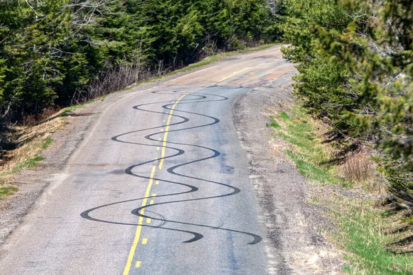 Wavy skid marks on a two lane highway. Marks and in a passing zone. Trees on both sides of the road. Road turns past skid marks.