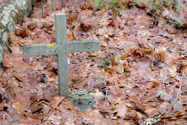 Small Stone Grave Cross Surrounded Dead Leaves Other Grave Markers — Stockfoto