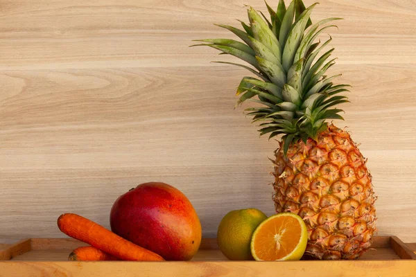 Fruits Selection Pineapple Orange Mango Vegetables Carrots — Stock Photo, Image