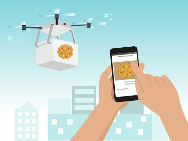 Drone Delivery Food Gente Usa Aplicación Smartphone Para Ordenar Alimentos — Vector de stock