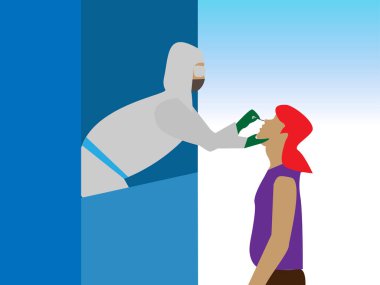 Coronavirus (COVID-19) ya da hastanenin dışındaki Test Booth (İstasyon) 'da burun (burun) çubuğu ile DNA testi yaptıran bir adam. Çizgi film Düz Vektör İllüstrasyonu.