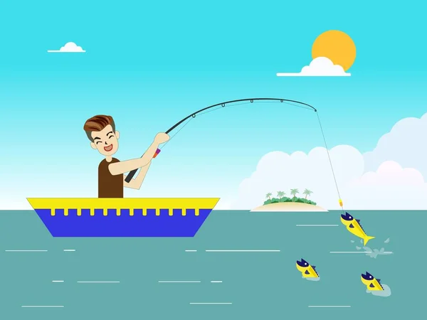 Jovem Pescando Barco Férias —  Vetores de Stock