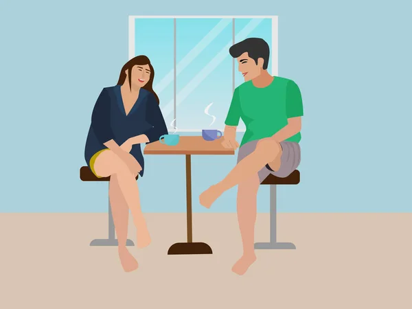 Marido Sentado Tomando Café Falando Piadas Esposa Sentou Rindo Alegremente —  Vetores de Stock