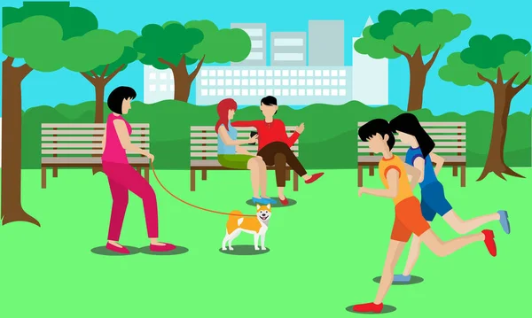 人们在公园里坐着休息 女人带狗去散步 年轻人在城市公园的矢量图像中追求健康 — 图库矢量图片