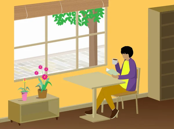 Jeune Homme Est Assis Une Table Dans Café Lit — Image vectorielle