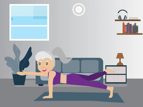 Les Adultes Font Exercice Faisant Yoga Maison Sur Tapis Concept — Image vectorielle