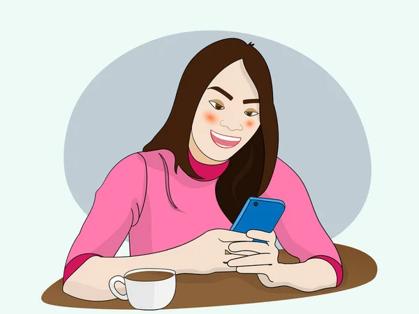 Feliz Chica Adolescente Asiática Ella Está Revisando Las Redes Sociales — Vector de stock