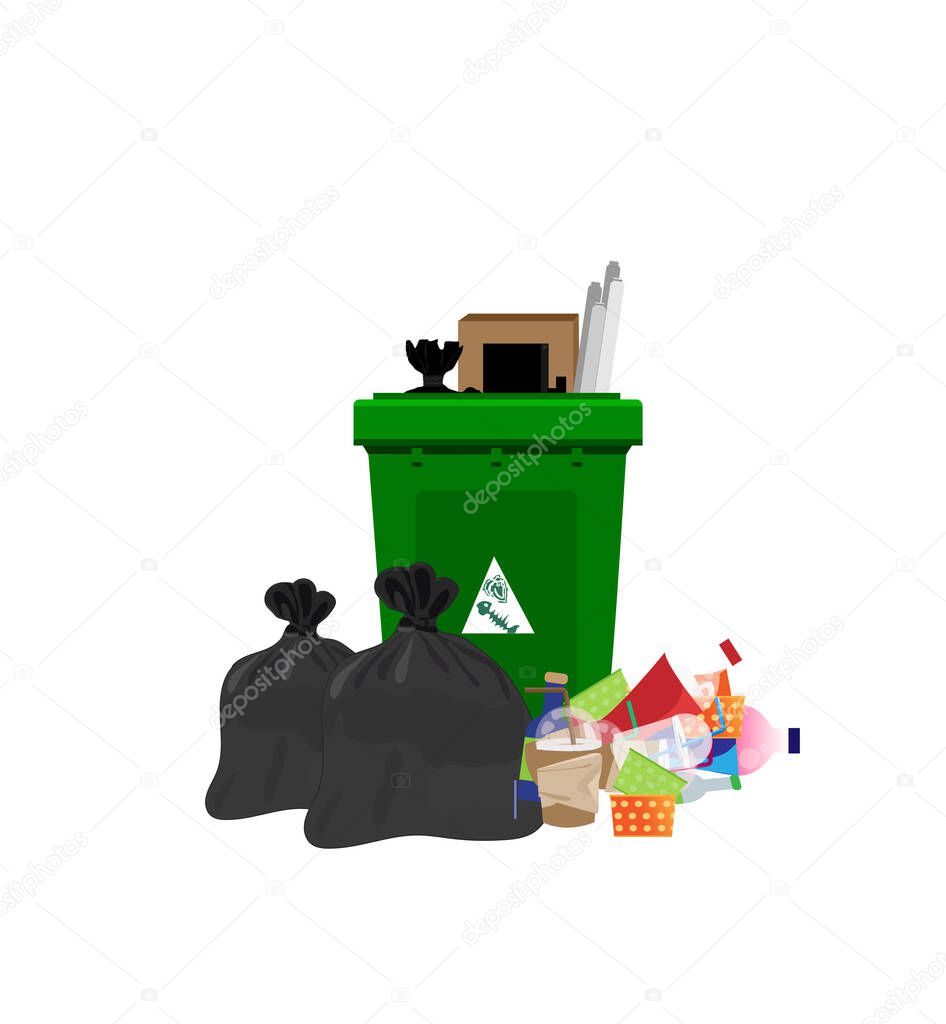 Illustration of garbage and plastic bags for green bins. Food waste can be left in a separate black bag on a white background.