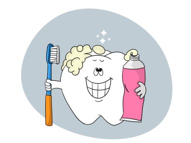 Diş macunu kullanarak kendini ovalayarak ve diş macunu kullanarak diş şeklinde bir çizgi film karakteri temizliği. Basit ve modern tarz tasarımı. Vektör illüstrasyonu.