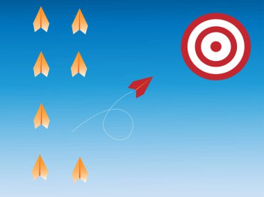 Kırmızı kağıt uçak hedeflere, değişim için ticari fikirlere, yeni fikirlere, yaratıcılığa ve yeni çözümlerin bölünmesine doğru daha hızlı ilerliyor.