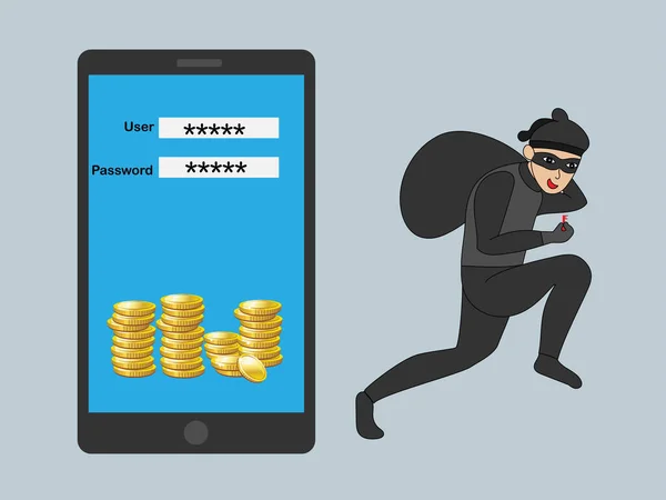 智能手机数据窃取黑客可以通过黑客攻击用户代码和密码来访问金融应用程序 — 图库矢量图片