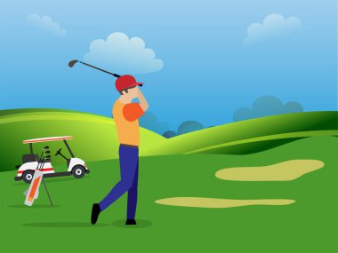 Stadyumda golf oynayan genç adam bayrak direğiyle yeşil çim yiyor.