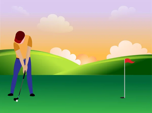 Jovem Jogando Golfe Estádio Com Grama Buraco Verde Com Mastro —  Vetores de Stock